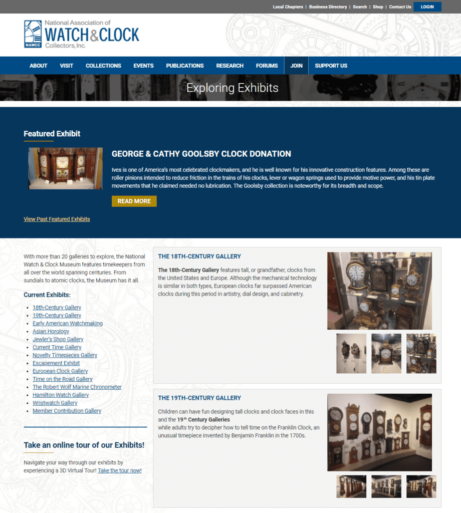 NAWCC website exhibits page screenshot