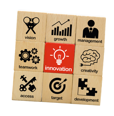 Innovation and business icons on Wooden Block