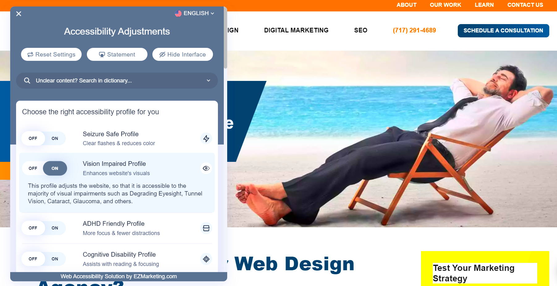 ADA accessible website for visually impaired users