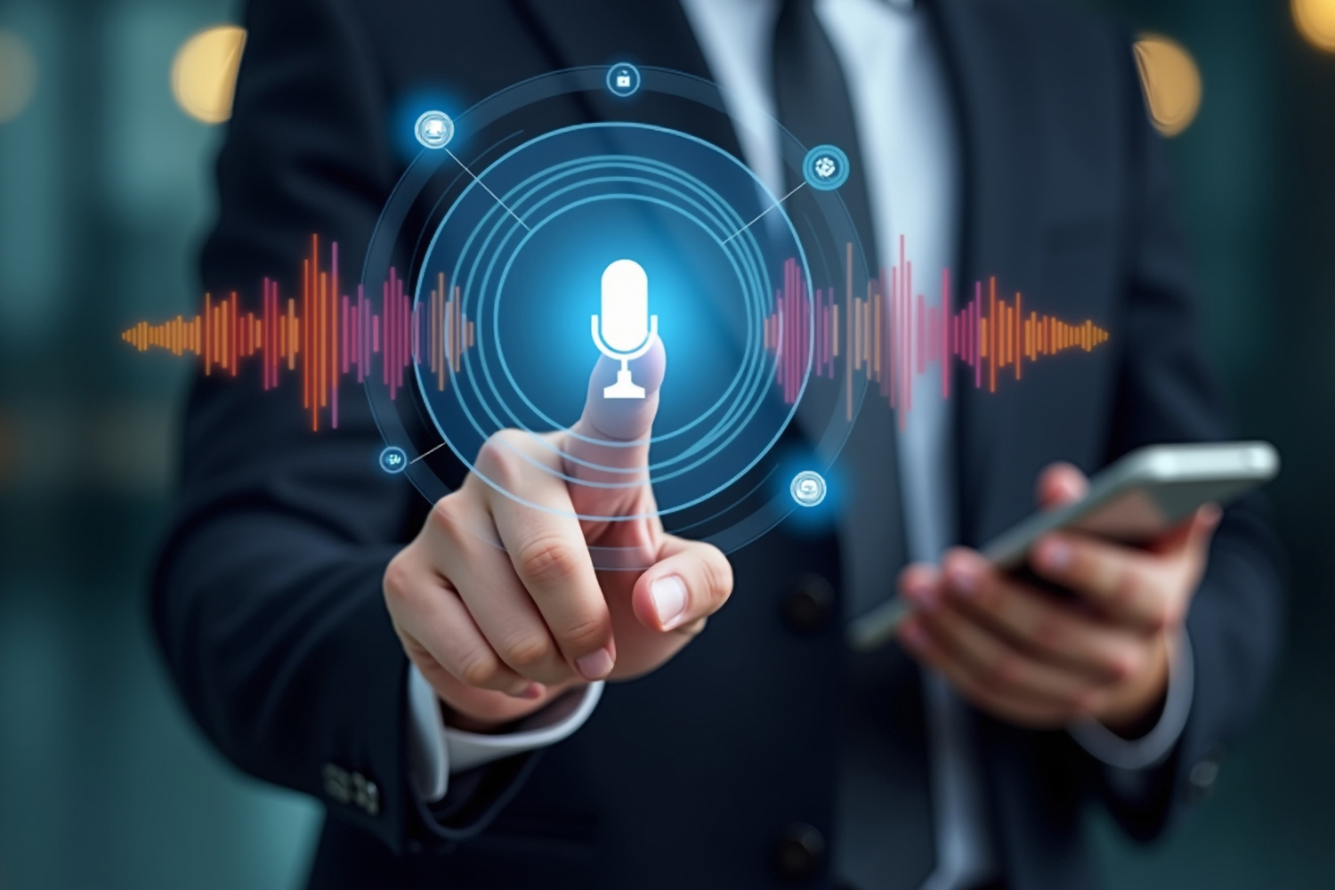 Man touching microphone icon on smartphone
