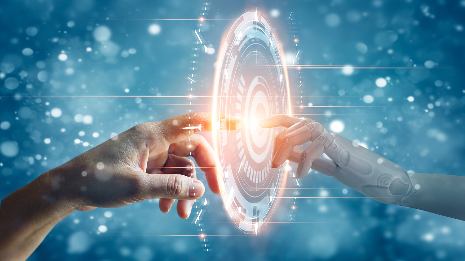 Human hand connecting with robot hand symbolizing AI content marketing partnership.