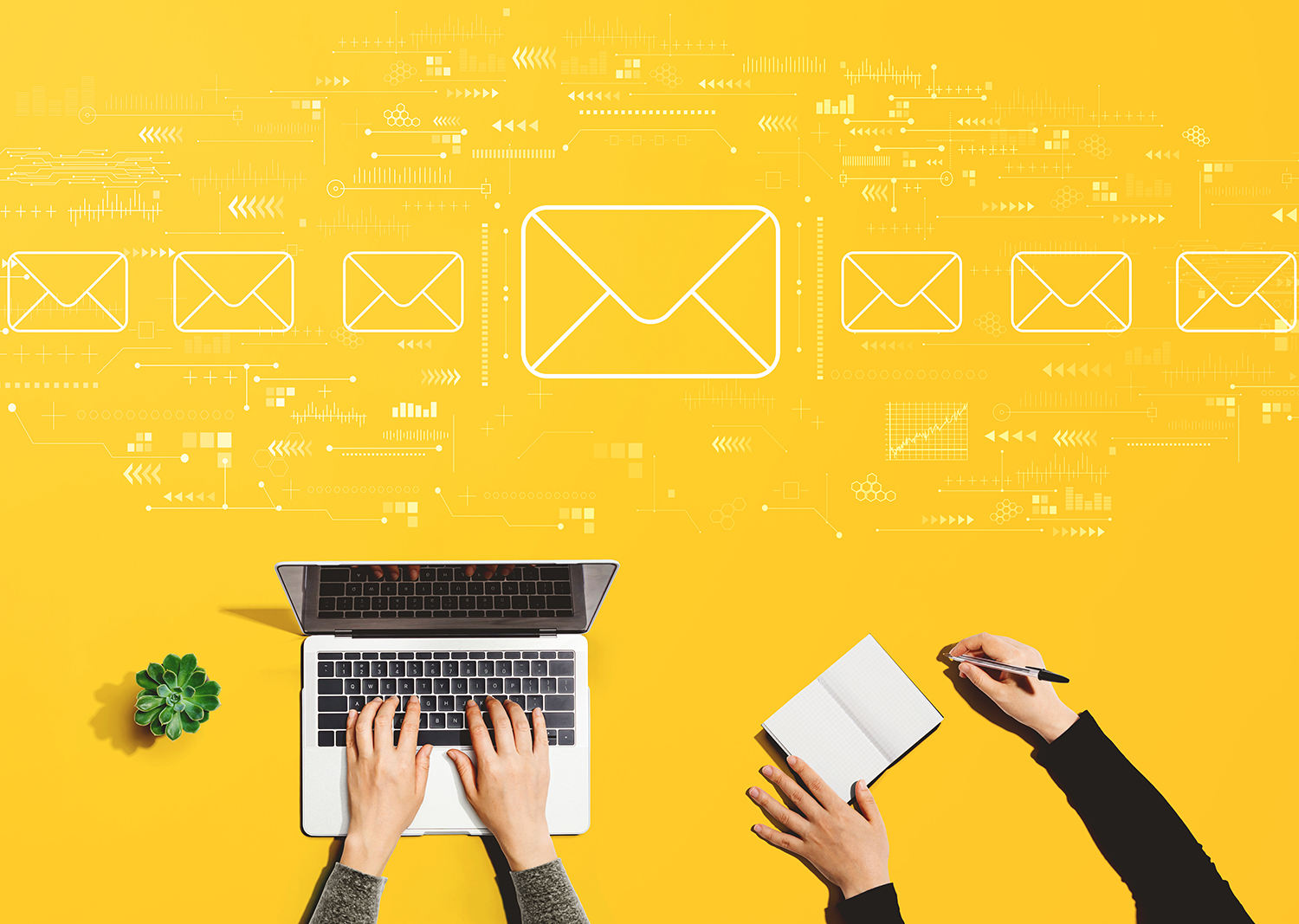 email marketing concept graphic with people working together on a laptop and a notebook