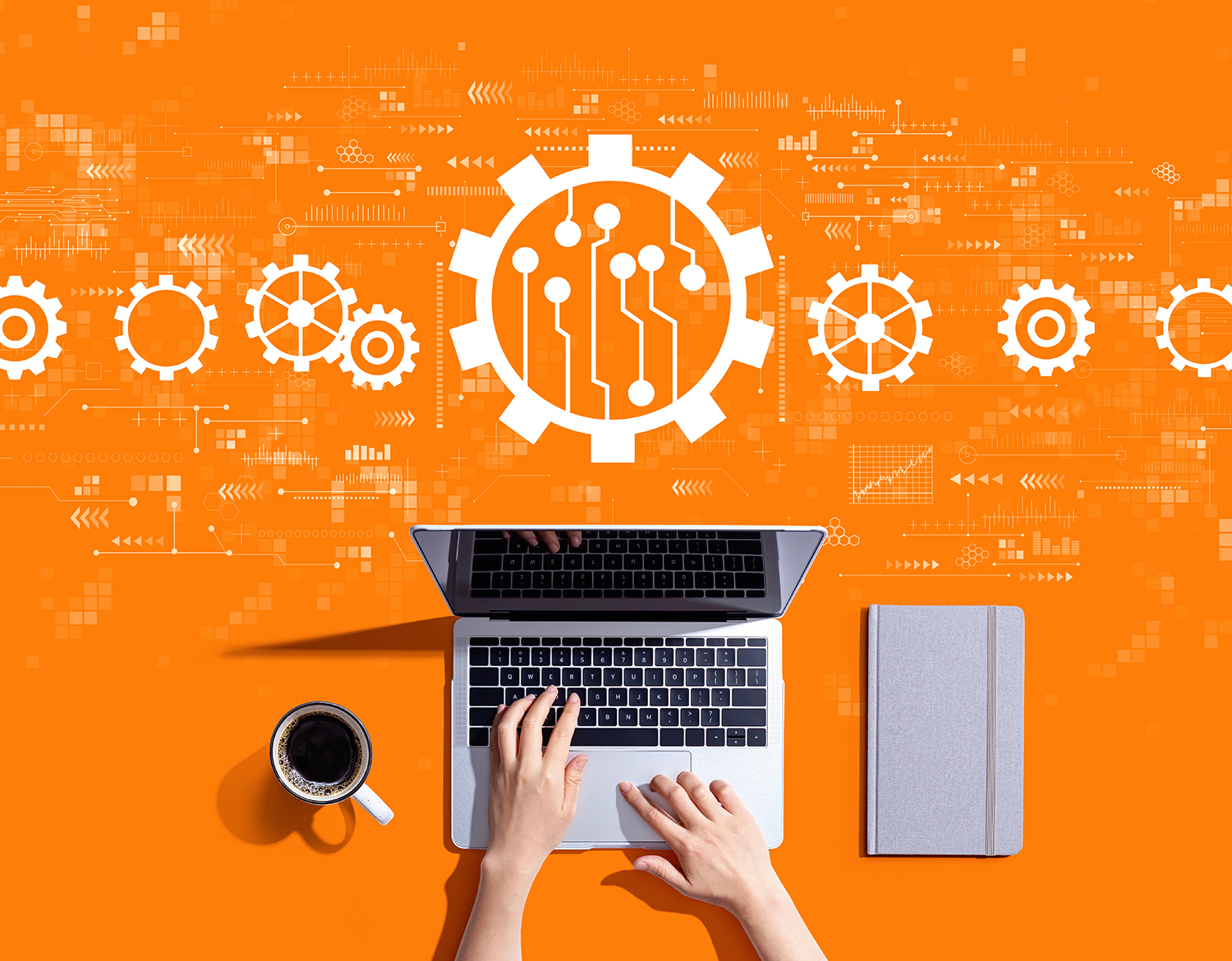 marketing automation concept graphic with a person using a laptop