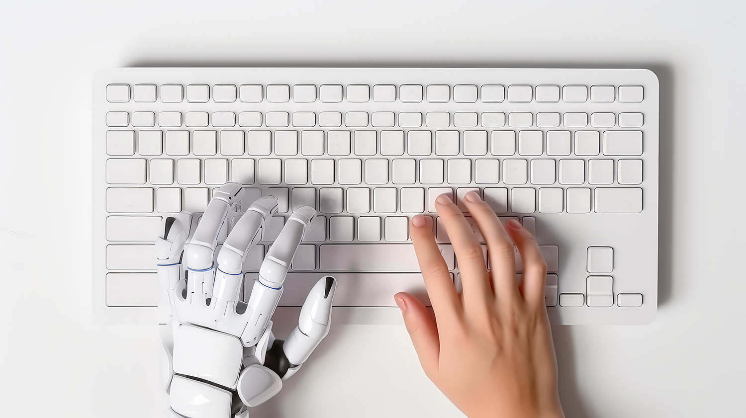 a robot hand typing on a keyboard next to a human hand