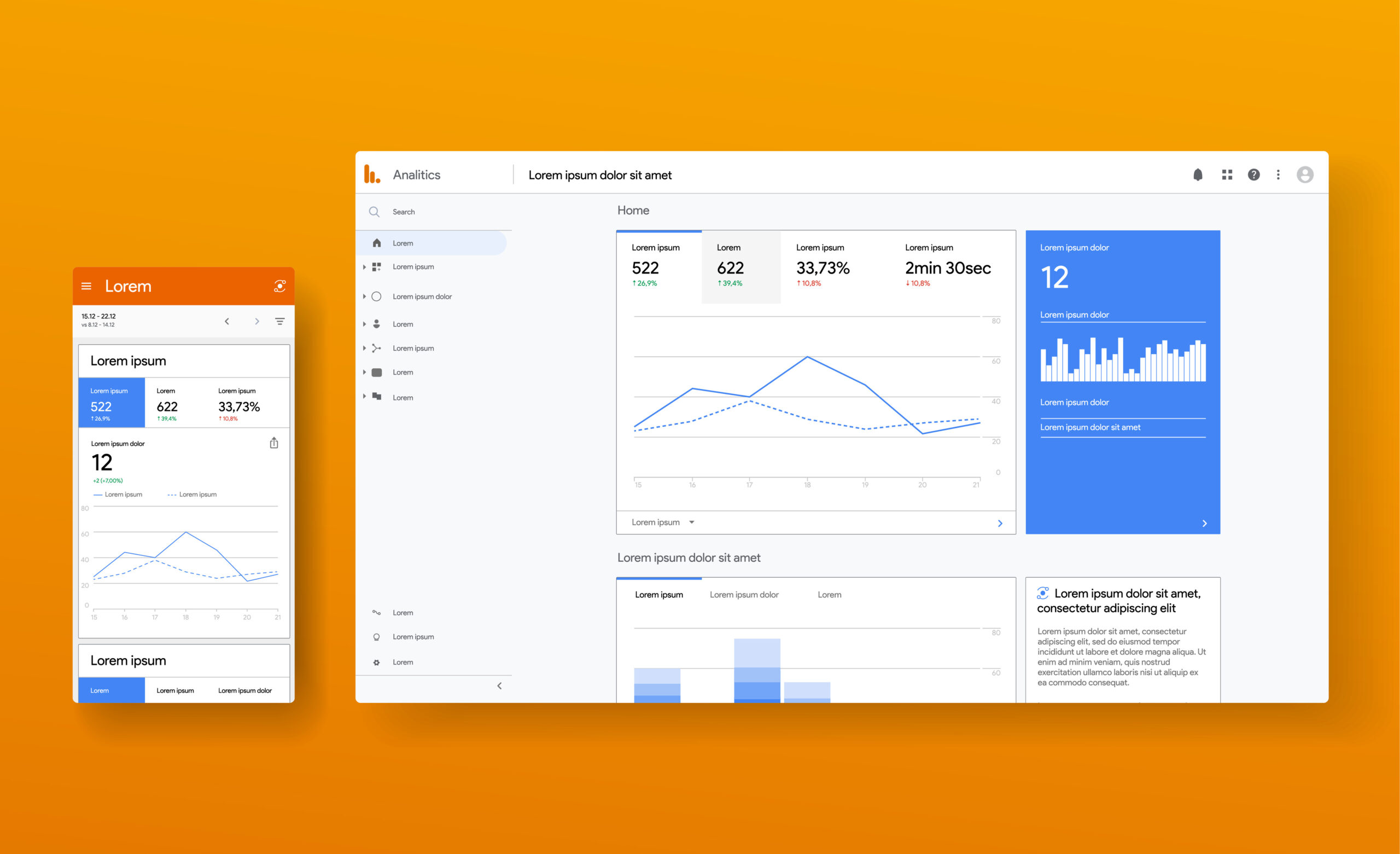 google analytics 4 screenshots on orange background