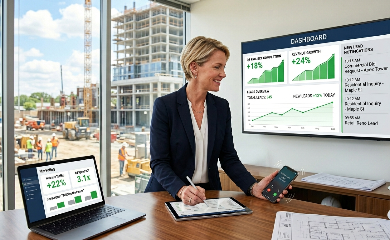 A woman in a business suit reviews project data while using a smartphone, with a construction site in the background.